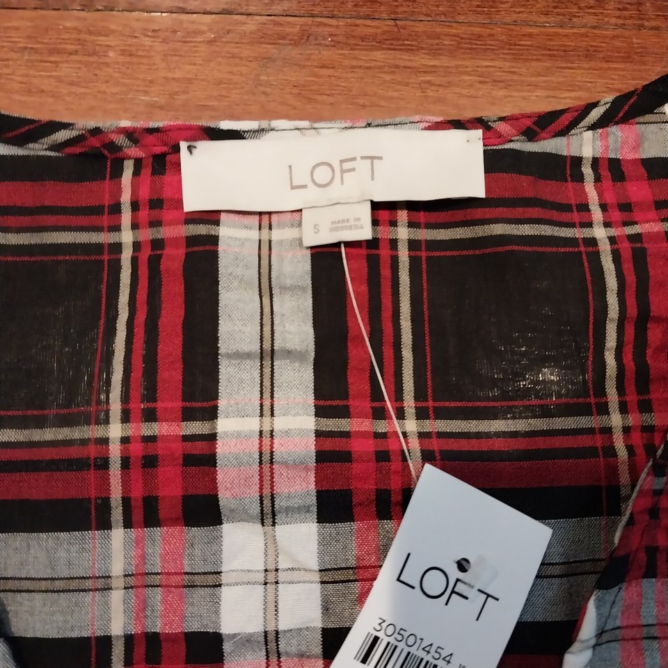 Ann Taylor LOFT Plaid Blouse Top Women’s Short Sleeve Black Red White