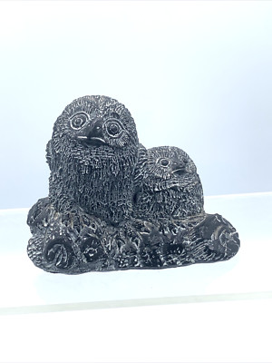 Owl Adult Baby Black Soapstone Figurine Aardik Collection Aardvark Canada 1972