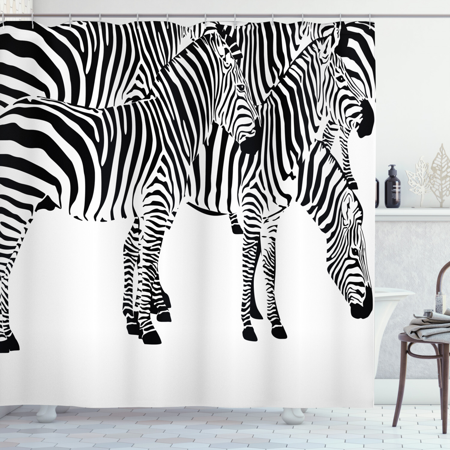 Zebra Shower Curtain Set African Animal Elegant Black White 84 Inches