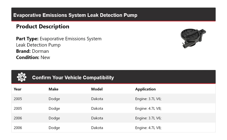 Bomba de detecção de vazamento Dodge Dakota Dorman Evap 2005-2006 - Imagem 2 de 4
