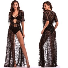 New Women's Nightclub See-Through Mesh Fringe Sequin Dress Cardigan Beach Party