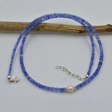 Natural Tanzanite & Peral Faceted Rondelle Gemstone Beaded Women Necklaces 18''