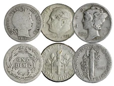 3 SILVER DIMES! Mercury, Barber, Roosevelt! 1 of Each Type! Random Date/Mint