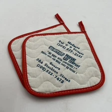 2- VTG Floral Quilted Pot Holder Modesto CA Advertising JS West Retro Kitchen