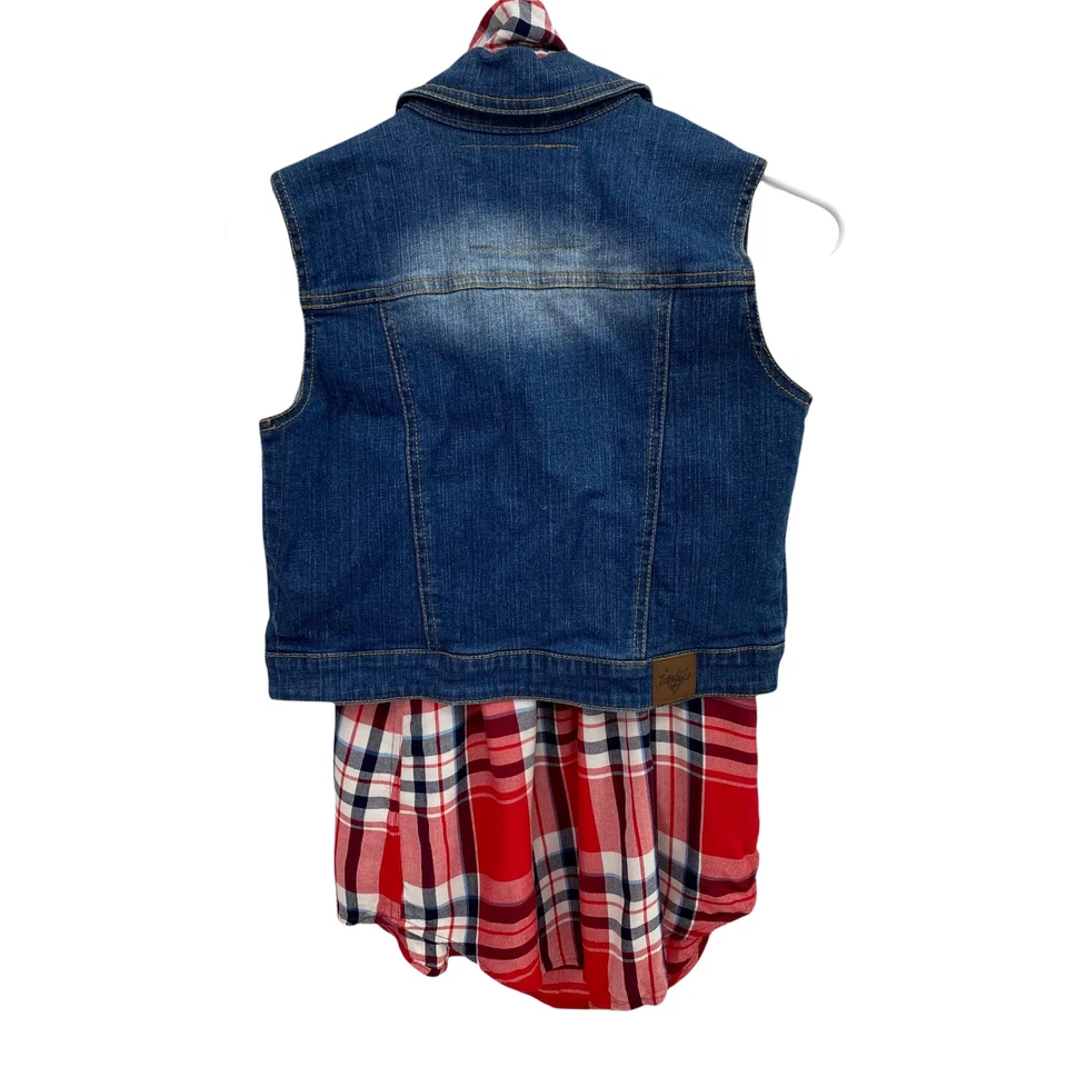 Girls Size 14 Lot Top Distressed Denim Vest Combo Red Plaid Pocket Button - Image 2 of 4
