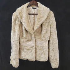 Sans Souci Womens Faux Fur Jacket Size M Cream Neutral Winter Luxe Cocktail