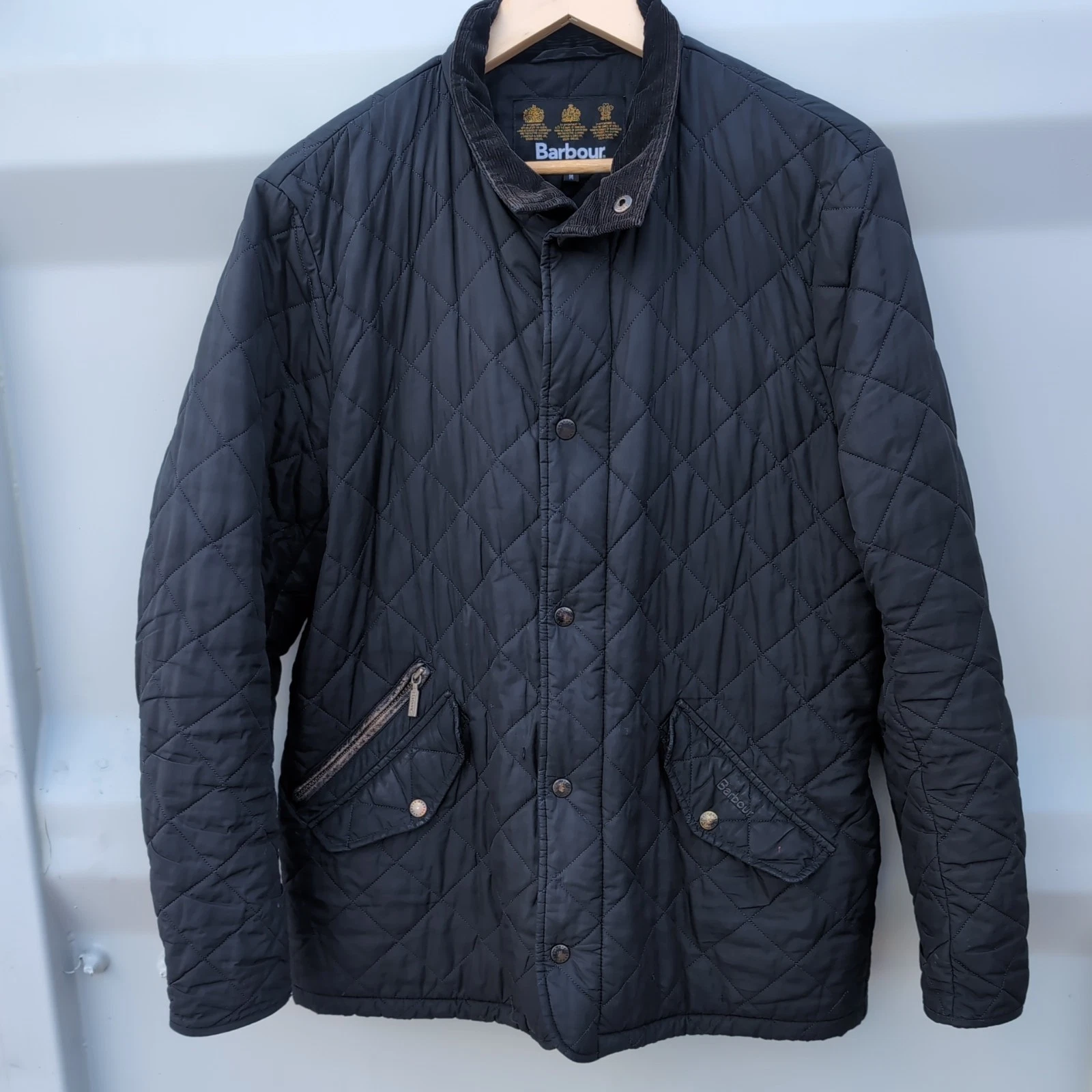 Barbour Quilted Jacket Mens Medium Black Polarquilt Zip Pocket Coat, Read Desc