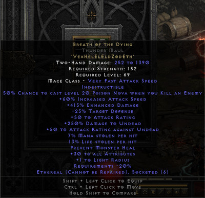 Thunder Maul ETH 15ED 415% 13%LL EBOTD Breath of the Dying D2R PC Warlock RotW