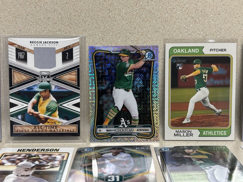 Reggie Jackson Jersey Relic, Nick Kurtz Mojo-Fractor, Leo de Vries, A’s RC LOT
