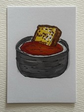 ACEO Original Mixed Media „Grillowany ser Zupa pomidorowa” 2,5x3,5 podpisana przez KC