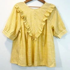 Terra & Sky Plus Ruffle Stripe Top Size  14W Cotton Prairie Mustard Yellow Boho