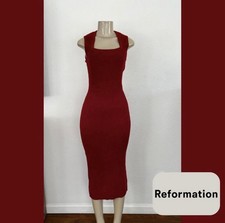 Reformation Red Knit Square Neck Midi Strappy Bodycon Dress Size L