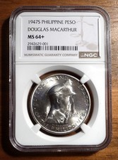 1947-S Philippines MacArthur 1 Peso NGC MS64+ superb luster