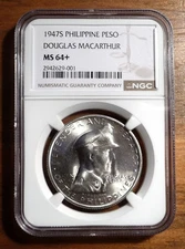 1947-S Philippines MacArthur 1 Peso NGC MS64+ superb luster