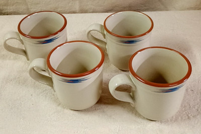 (4) Vintage Noritake Stoneware Raindance MUGS Santa Fe Blue/Red Edge