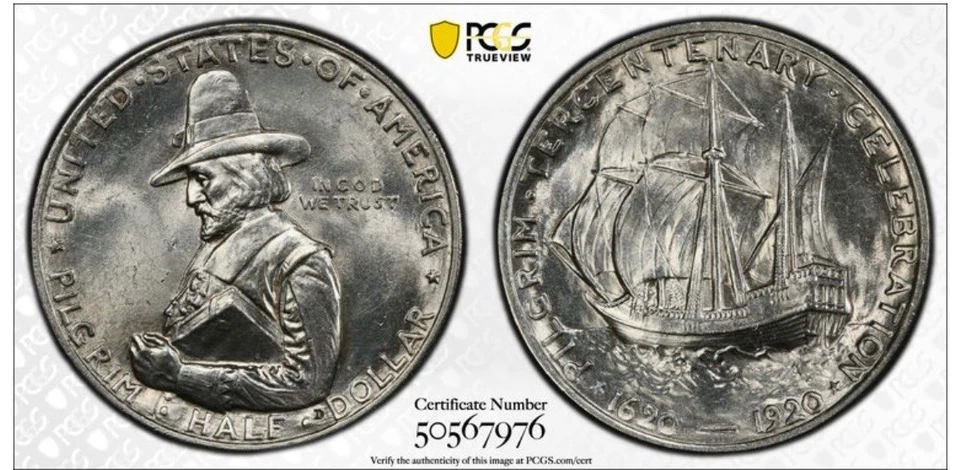 1920-Pilgrim Commemorative Half Dollar-PCGS MS 64-TrueView-Blast Blast White - Image 3 of 3