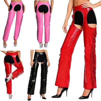 Damen Glitzernde Quasten Ausgestellte Hosen Mit Cut-Outs Chaps Cowgirl Clubwear
