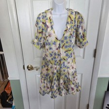 Free People Floral Mini Dress Yellow Blue Collar Puff Sleeve Small Cottagecore