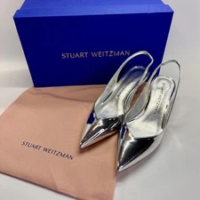 Stuart Weitzman Eva 50 Slingback Size 5.5B Silver Patent Kitten Heel Pumps
