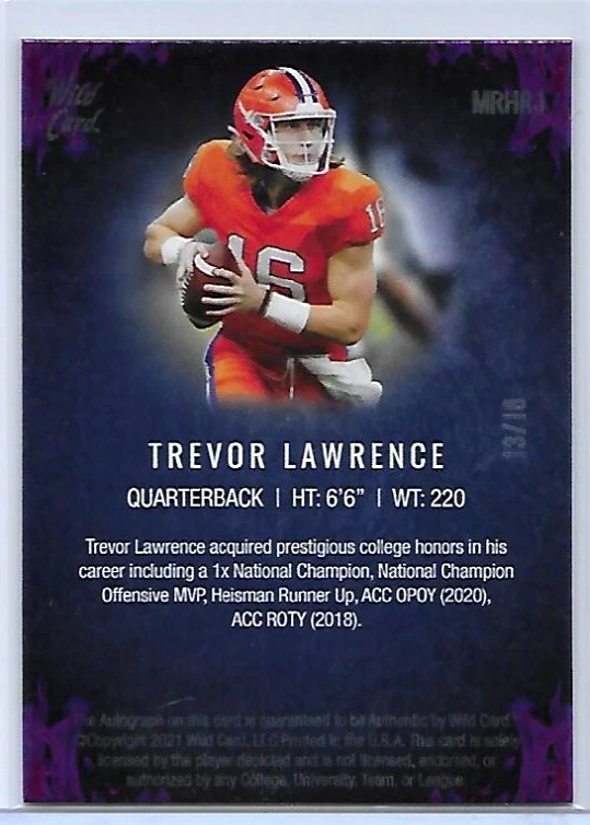 2021 WILD CARD MATTE TREVOR LAWRENCE FOOTBALL RED HOT ROOKIE GOLD AUTO 13/18 - Image 2 of 2
