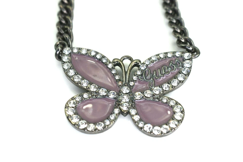 Guess Butterfly Necklace Purple Rhinestone Enamel Chain and Pendant - Image 3 of 4