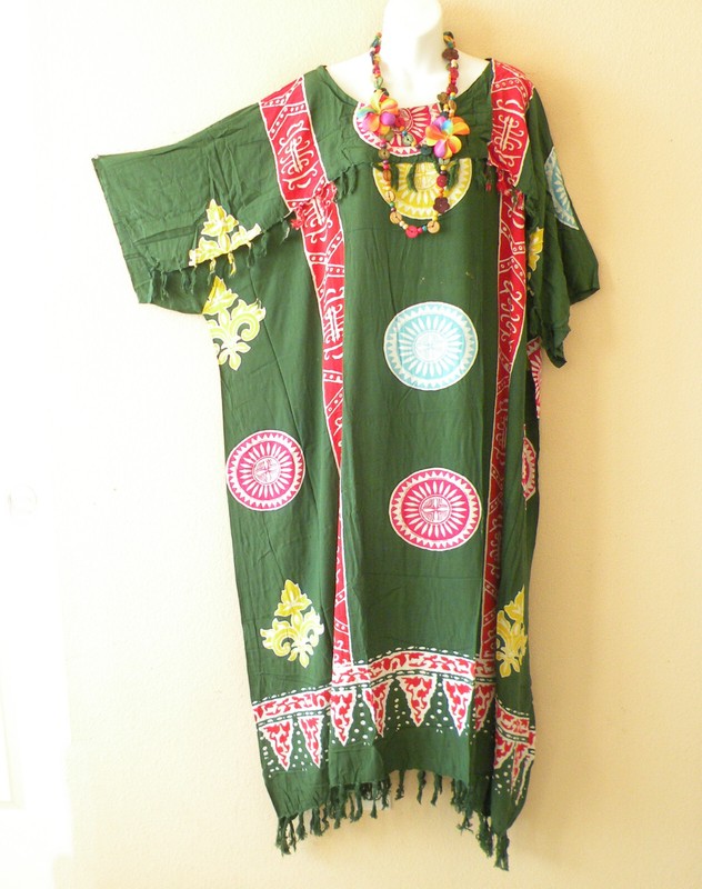 KD357 Green Abstract Women Kaftan Kimono Rayon Tunic Plus Maxi Dress - 2X to 5X
