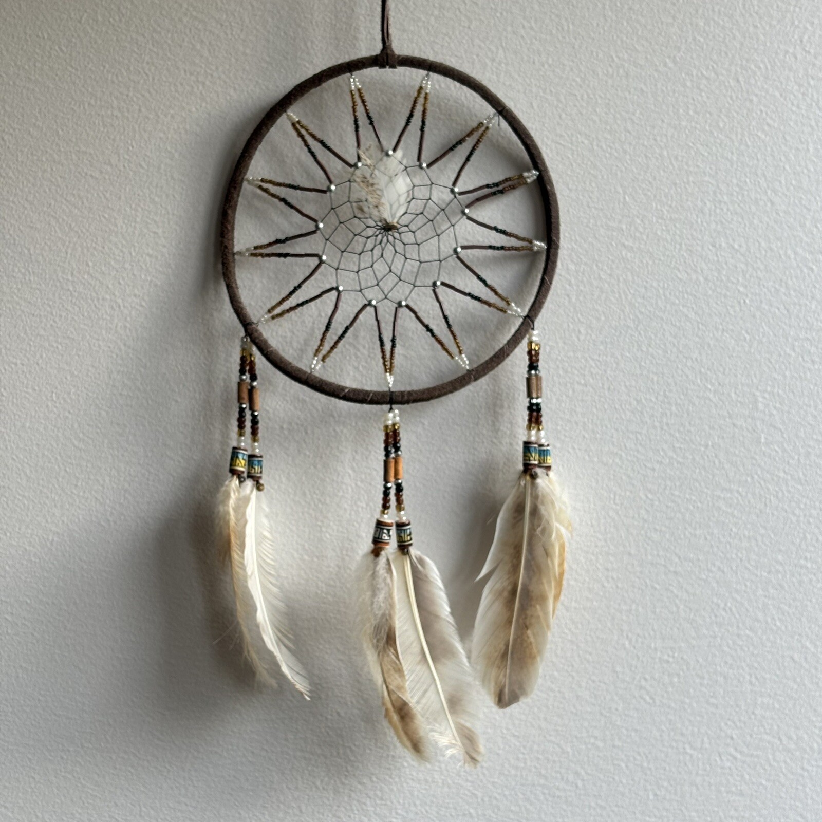 Feather Dream Catcher Handmade Native American Indigenous Tan Boho Wall Hanging