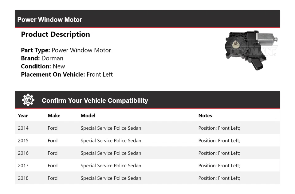 For 2014-2018 Ford Special Service Police Sedan Dorman Power Window Motor 2015 - Image 2 of 4