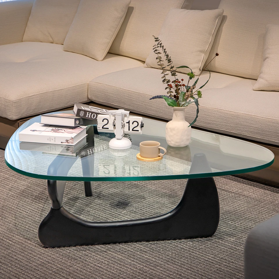 Mid Century Modern 19mm Thick Glass Coffee Table Solid Wood Base Noguchi Style - Image 3 of 4