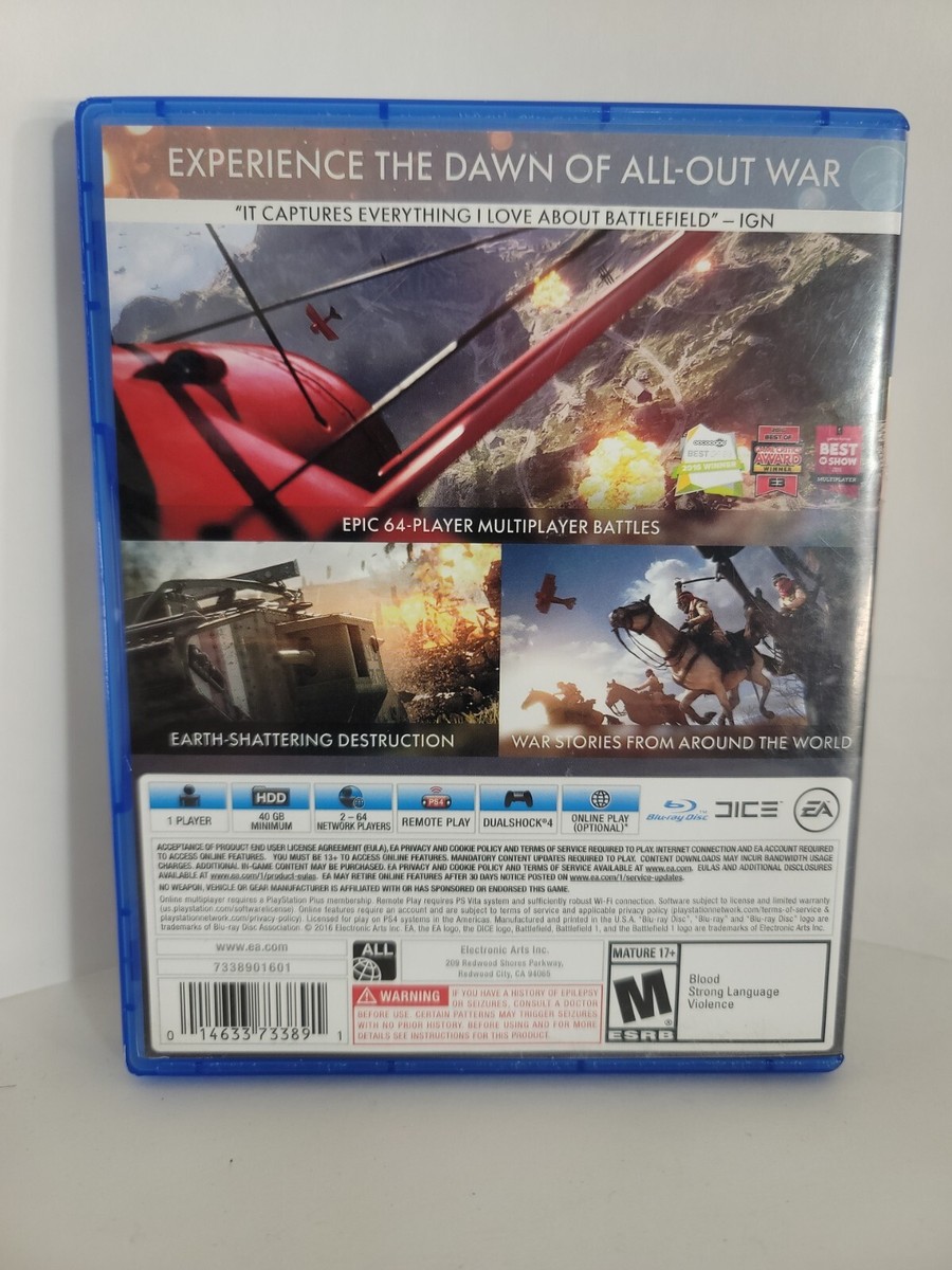 Battlefield 1 (PlayStation 4, 2016) Mature 17 Blu-ray Disc Dice EA