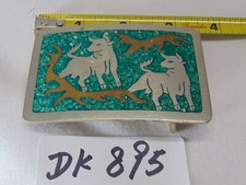 Vintage Artisan Turquoise Inlay Bull Brass  Alpaca Belt Buckle Mexico Southwest
