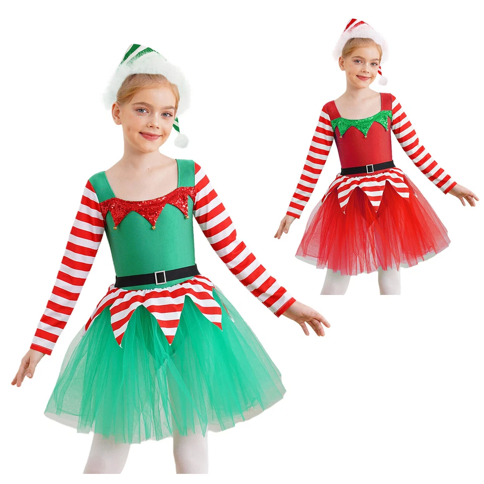Niñas Navidad Elfo Disfraz Bastón de Caramelo Rayas Vestido Trajes Fiesta de Navidad Vestir Foto 2 de 4