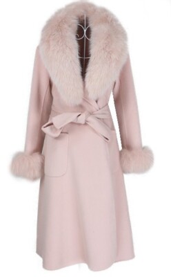 Women's Brand New Sz Pink Cashmere Wool Coat Fox Fur