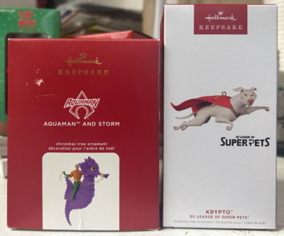 2020 Hallmark AQUAMAN & STORM Ornament & 2022 League Super Pets Ornament KRYPTO