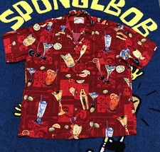 Paradise Found Mens Vintage Red Tropical  Hawaiian Drinks Camp Shirt Sz ?