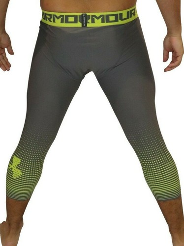 New Mens Under Armour 3/4 Compression Tights Grey Yellow L XL 2XL Gym Sale - Picture 7 of 8