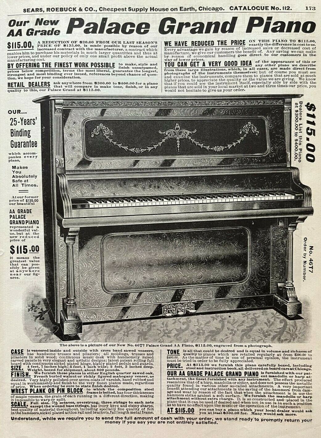 Despido sello Confesión 1903 Antique Palace Grand Piano Art Sears Catalog Page Vintage Print Ad |  eBay
