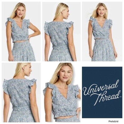 UNIVERSAL THREAD ~ New! Blue Floral Flutter Sleeve V-Neck Crop Wrap Top NWT XL