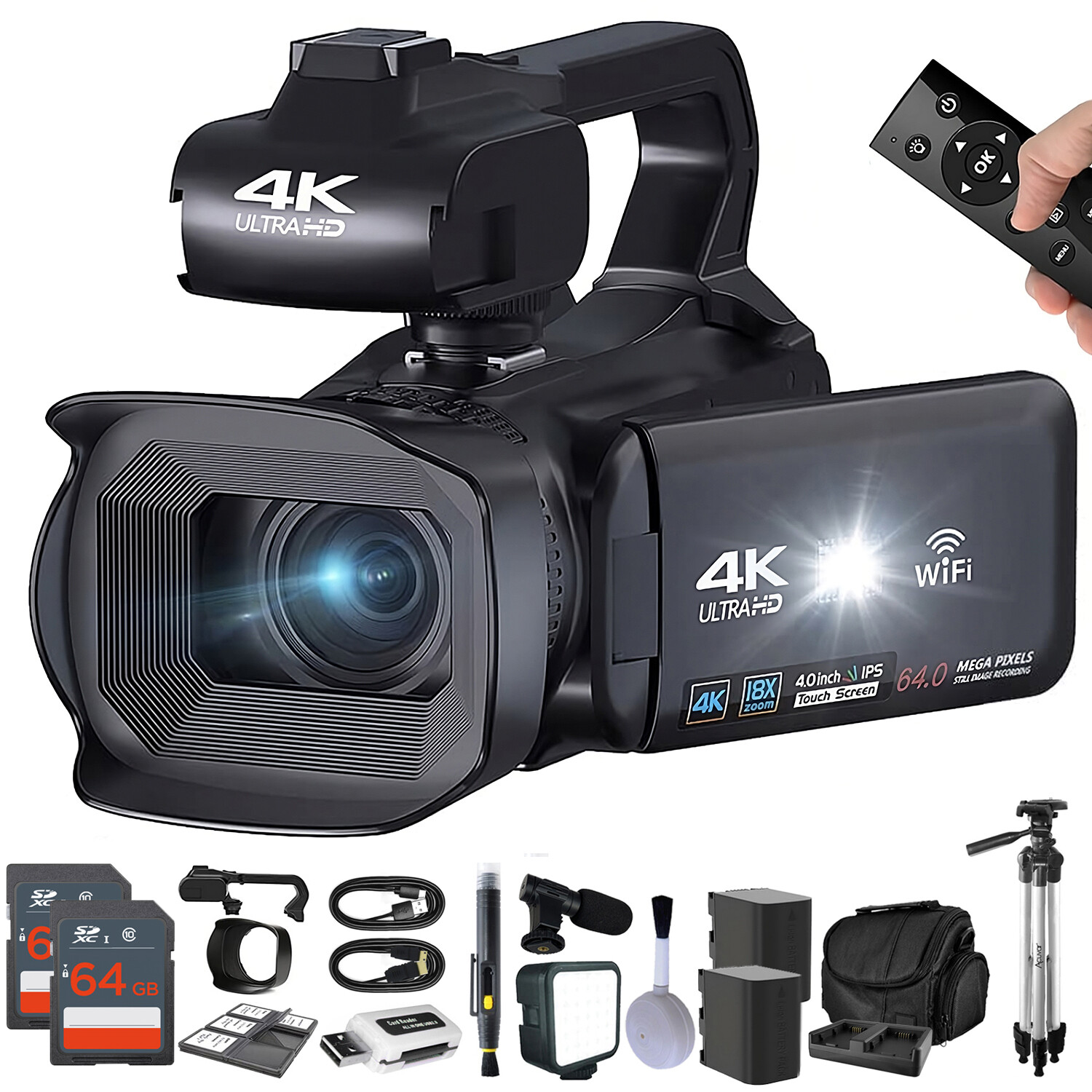 Camcorder 4K Video Camera 64MP 60FPS,HD Auto Focus Vlogging 4.0
