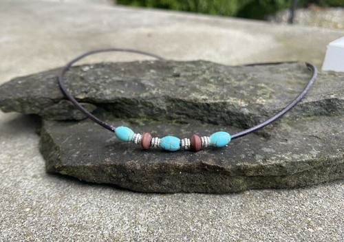 Turquoise Beaded Choker Surfer Necklace Beaded 18 " Necklace Boho Beach Choker - Picture 6 of 7