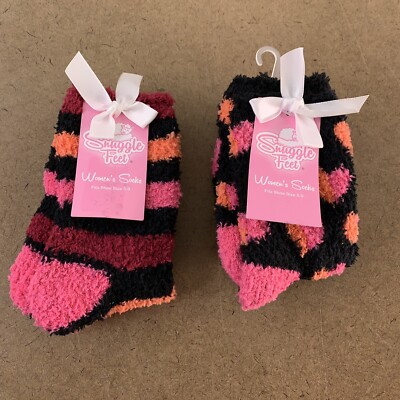 Snuggle Feet Women's Shoe Size 5-9 Plack Pink Fuzzy Crew Socks 2 Pairs NWT