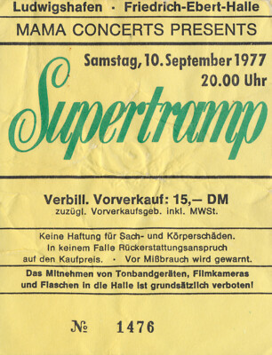 Supertramp - F-E-Halle, Ludwigshafen, September 10, 1977 [Germany] - Ticket Stub