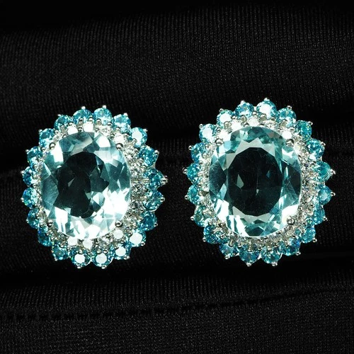 Glittering Icy Blue Aquamarine 12.10Ct 925 Sterling Silver White Gold Earrings