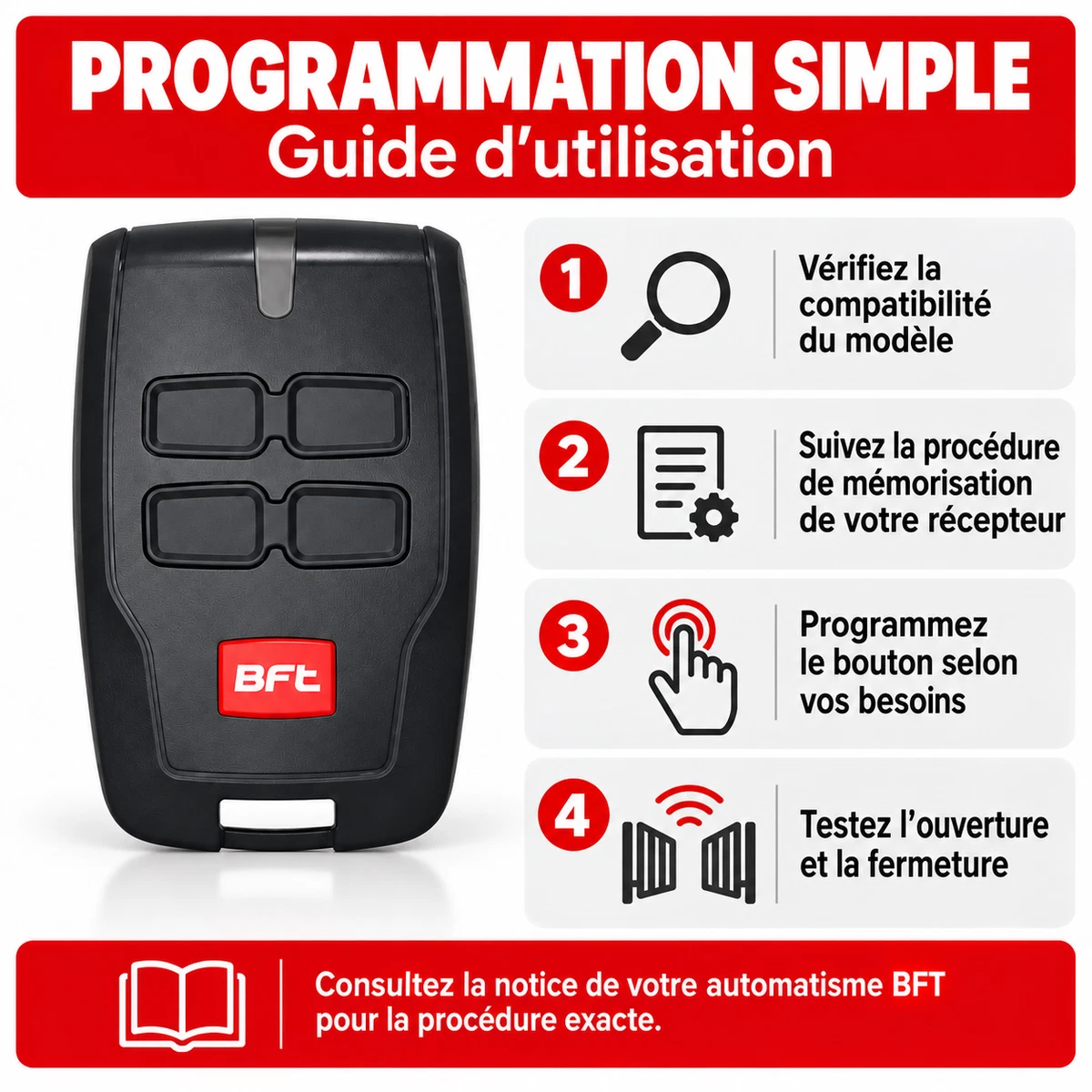 Télécommande BFT MITTO B RCB 04 4 Boutons 433,92 MHz Portail Garage - 1 Pièce