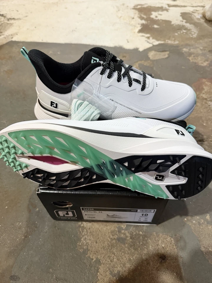 NIB FootJoy Pro/SL 26 Mens Golf Shoes, White Sea Glass Black, 10 Medium, 56950 - Image 1 of 1