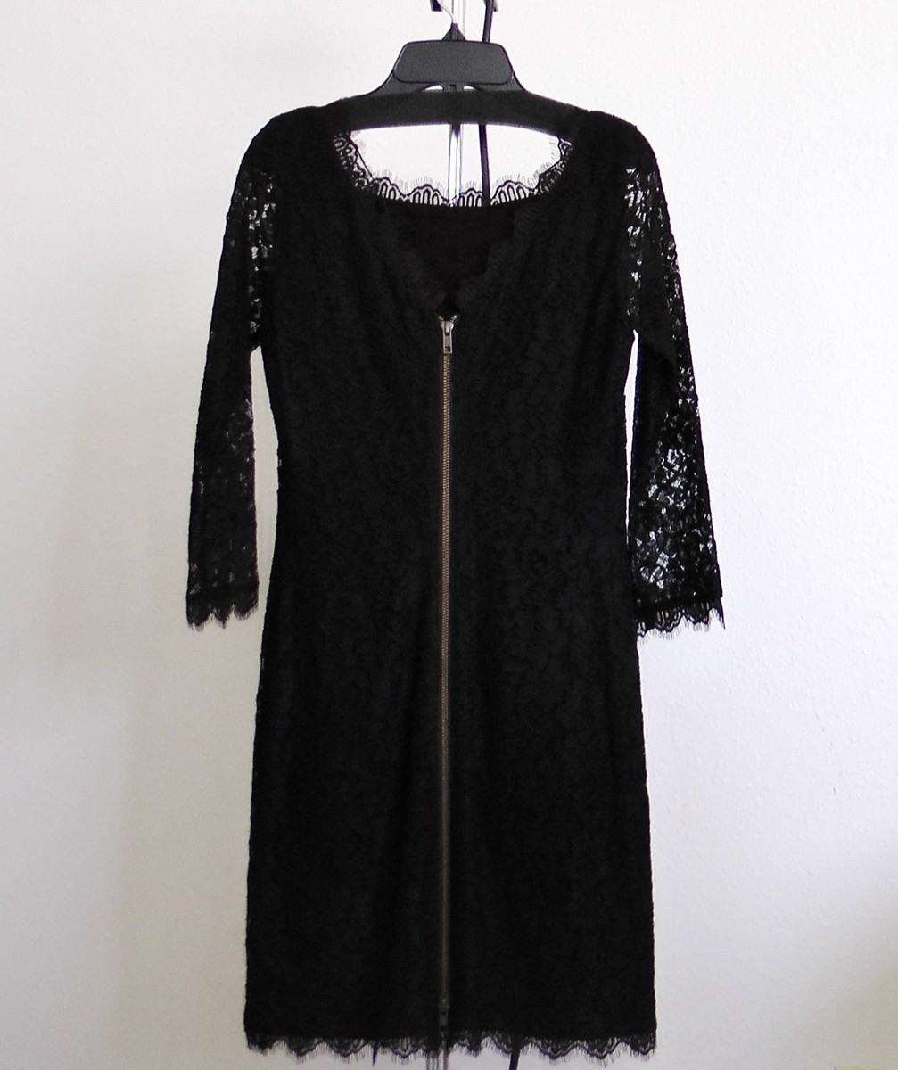 chinese dress ladies DIANE VON FURSTENBERG Size 4 Zarita Black Rayon Blend Lace Scoop Neck 3/4  Sleeves Dress