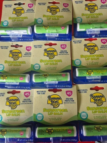 9  Banana Boat Aloe Vera With Vitamin E Sunscreen Lip Balm Spf 45 .15Oz Ea