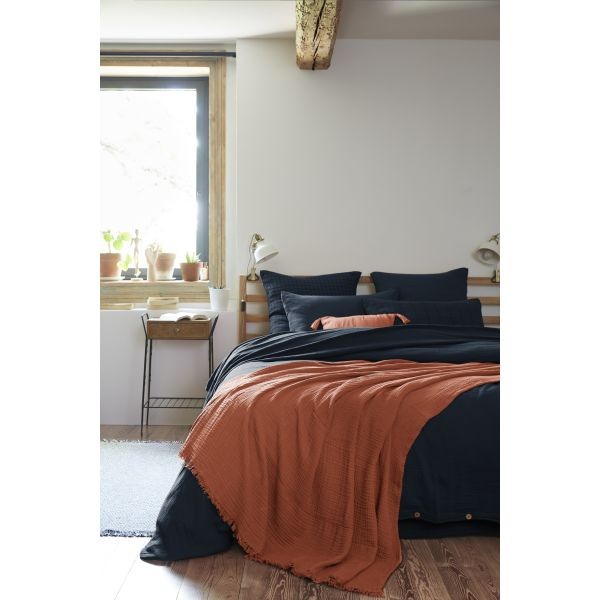 Plaid à franges 180x220 cm gaze de coton Gaïa terracotta, couverture lit et canapé