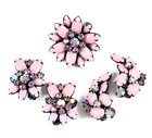 Kramer Signed Pink Milk Glass AB Flower Brooch & 2 Pr Clip-On Earrings Set Vtg