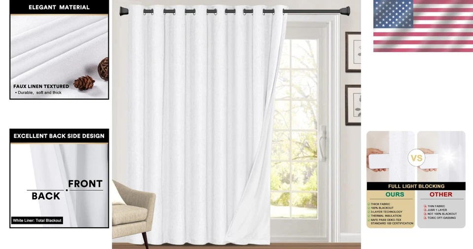 Pure White 100% Blackout Linen Curtains 84" - Image 2 of 4